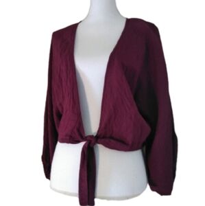 In the Beginning Maroon Boho Tie Waist Bohemian Cropped Top Shirt Swimsuit Cover